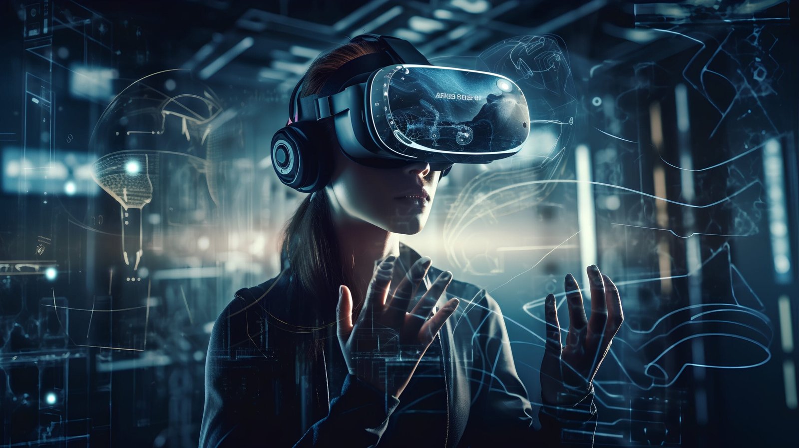 User immersed in augmented reality environment wearing a VR head